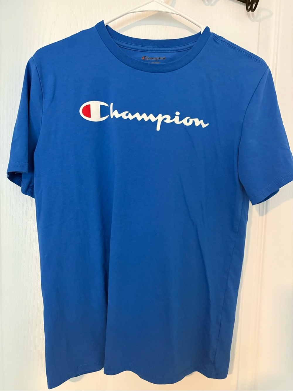 Champion Men's Short-Sleeve Logo Tee in Blue with Red Accent